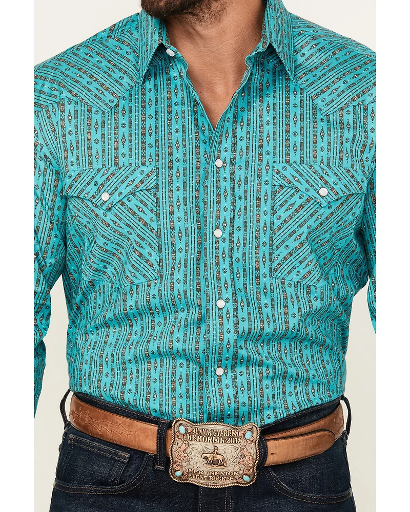Rough Stock by Panhandle Men's Southwestern Striped Print Long Sleeve Pearl Snap Stretch Western Shirt