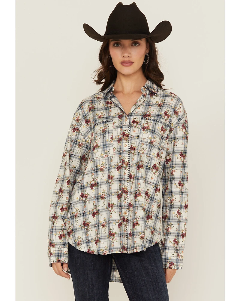 Evergreen Women's Floral Plaid Print Long Sleeve Button-Down Western Shirt
