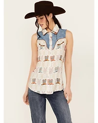 Panhandle Women's Boot Print Sleeveless Pearl Snap Western Shirt