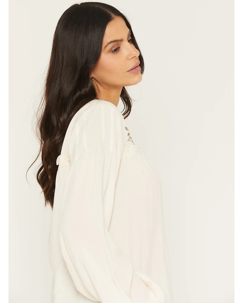 Eyeshadow Women's Long Sleeve Embroidered Peasant Top