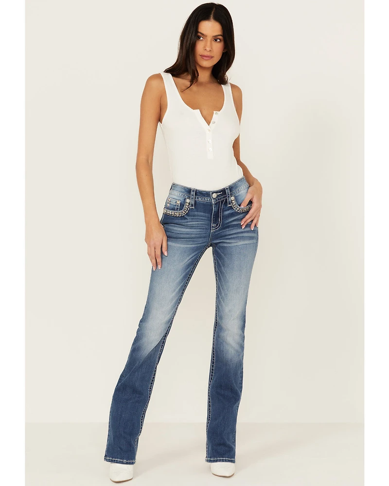 Miss Me Women's Medium Wash Mid Rise Border Flap Pocket 34" Bootcut Stretch Denim Jeans