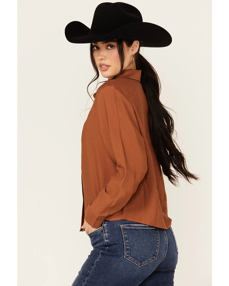 Evergreen Women's Solid Long Sleeve Button-Down Western Shirt