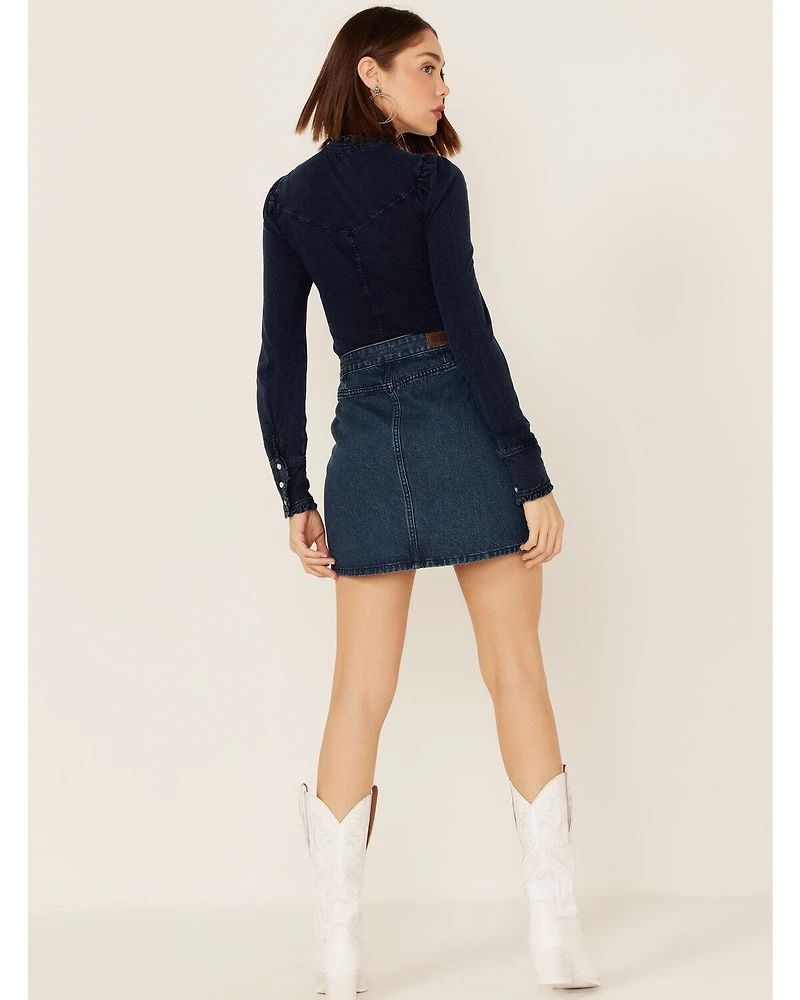 Rock & Roll Denim Women's Dark Wash Studded Belted Western Mini Skirt
