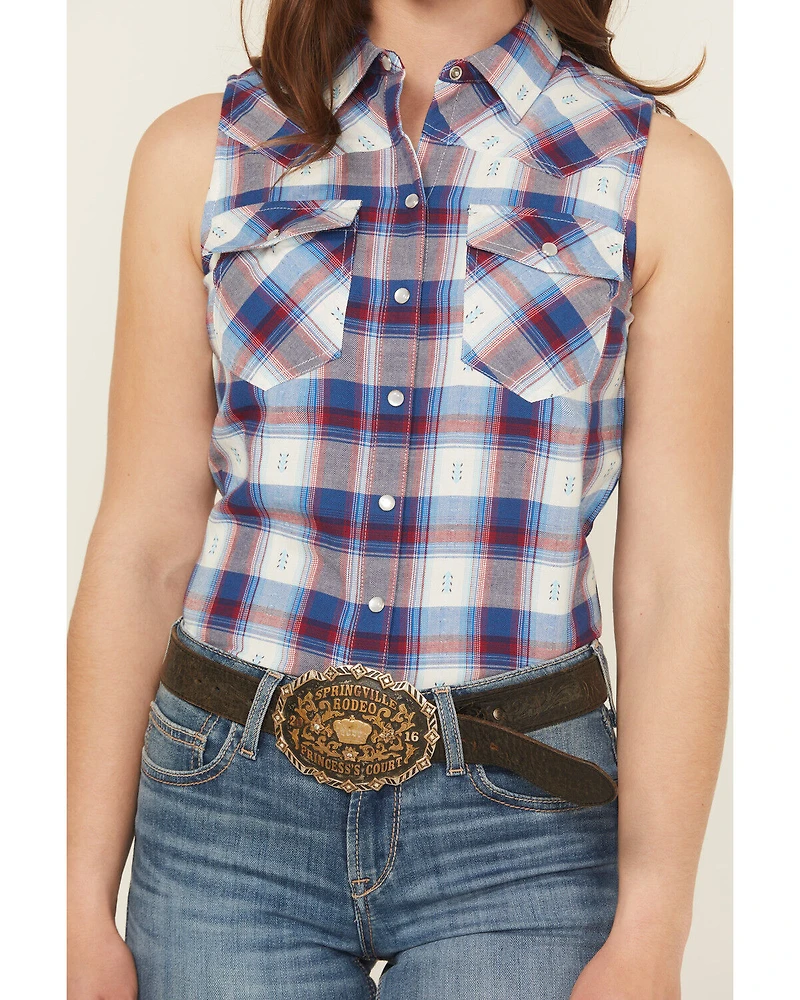 Shyanne Women's Dobby Plaid Print Sleeveless Snap Western Shirt