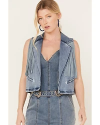 Rock & Roll Denim Women's Medium Wash Cropped Fringe Vest