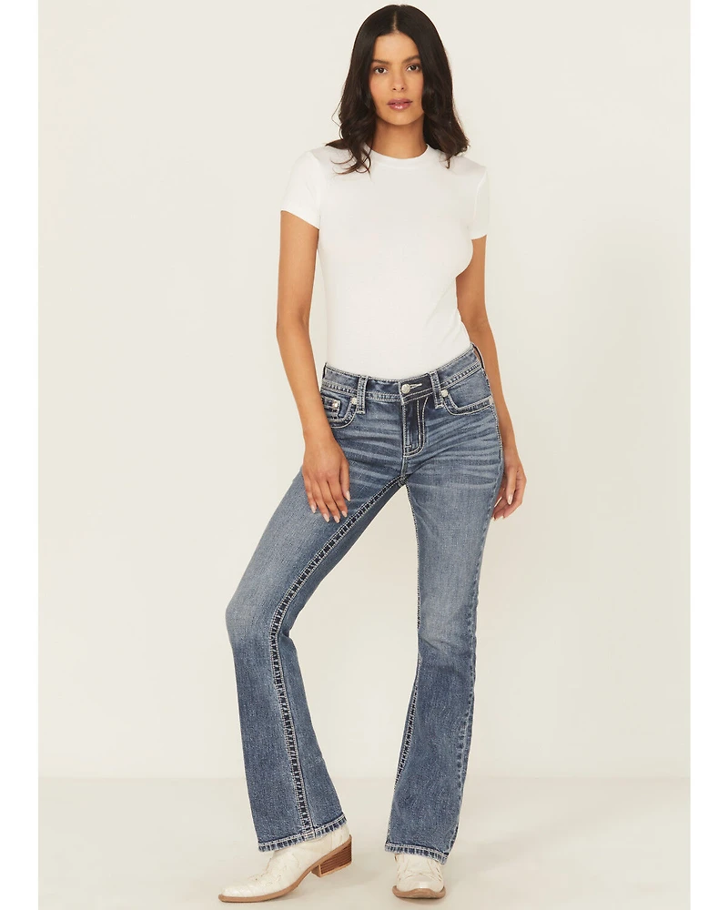 Miss Me Women's Medium Wash Mid Rise 32" Bootcut Floral Pocket Stretch Denim Jeans