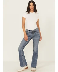 Miss Me Women's Medium Wash Mid Rise 32" Bootcut Floral Pocket Stretch Denim Jeans
