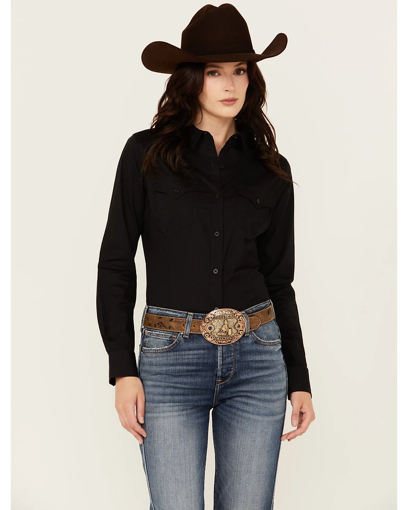 Wrangler Retro Women's Solid Long Sleeve Button-Down Stretch Western Shirt