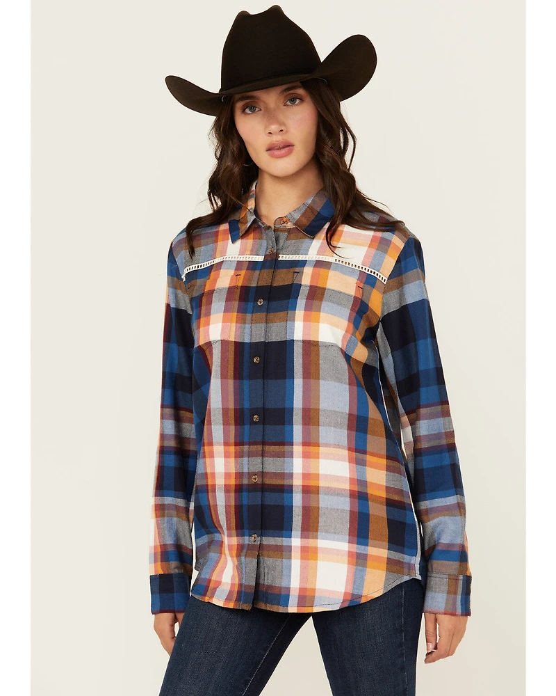 Shyanne Women's Plaid Print Ladder Lace Trim Long Sleeve Button-Down Flannel Shirt