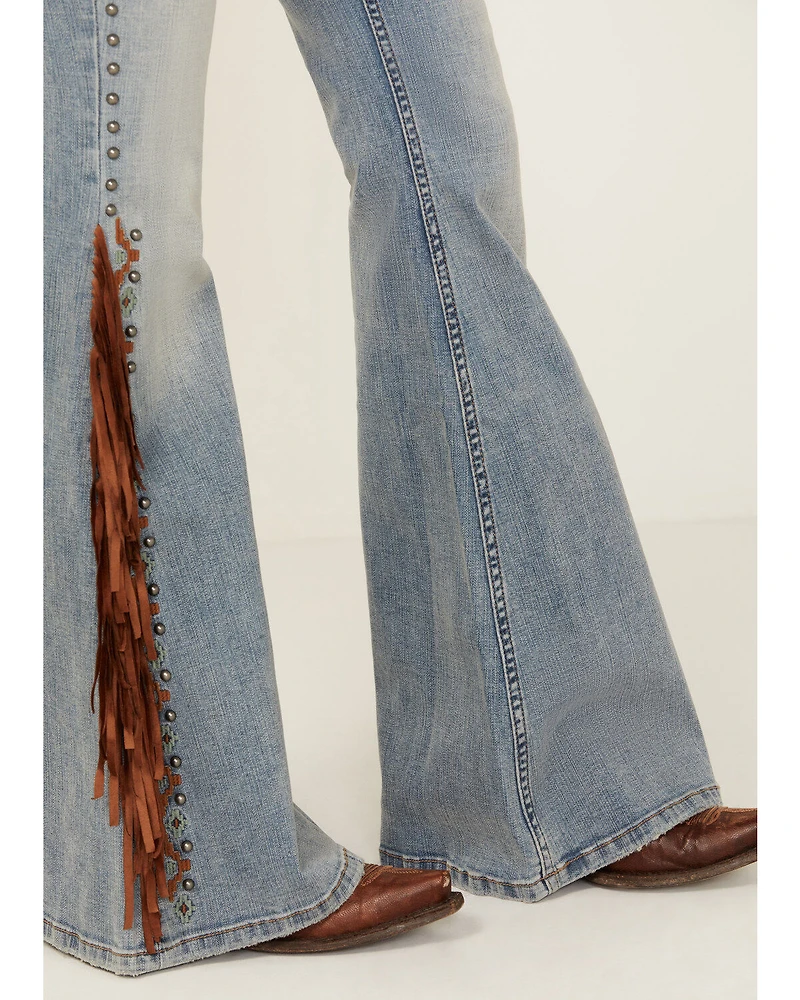 Shyanne Women's Tansy Medium Wash High Rise Fringe Stretch Flare Jeans