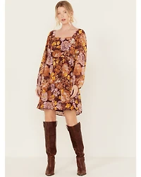 En Creme Women's Floral Print Long Sleeve Mini Dress