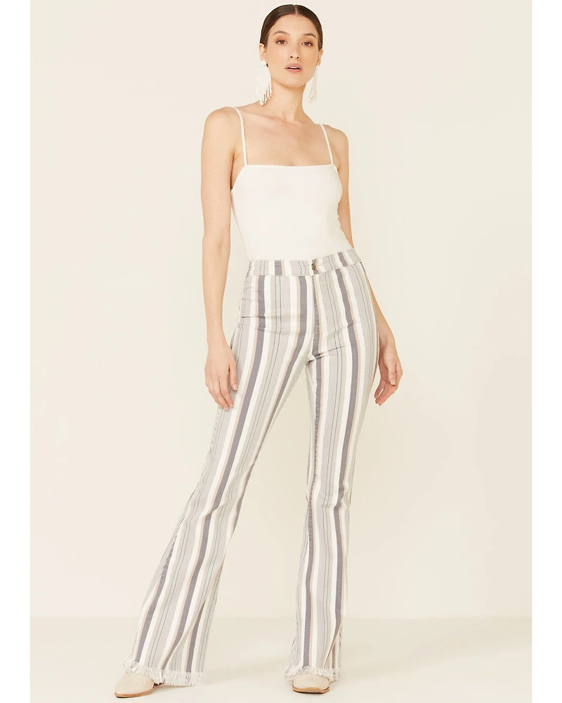 Cello Women's Striped Raw Hem Flare Jeans