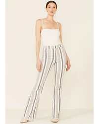 Cello Women's Striped Raw Hem Flare Jeans