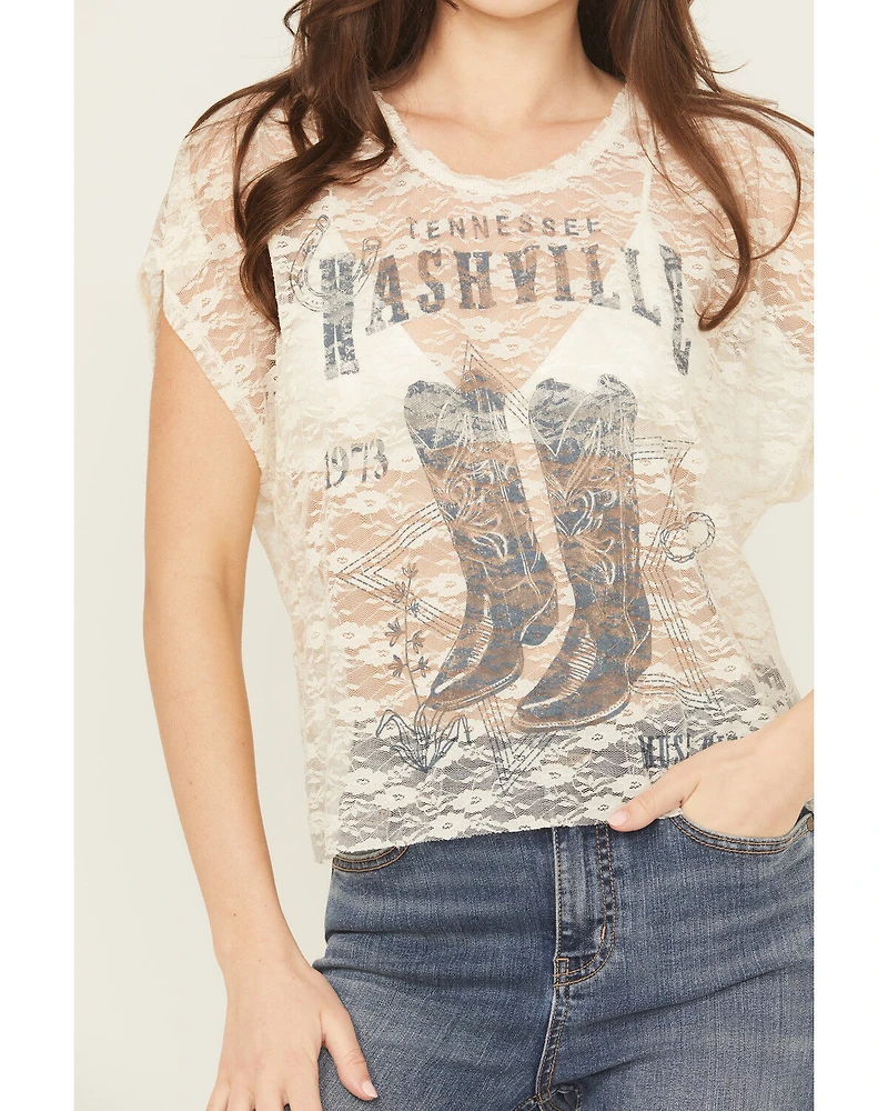 Originality Women's Lace Short Sleeve Graphic Tee