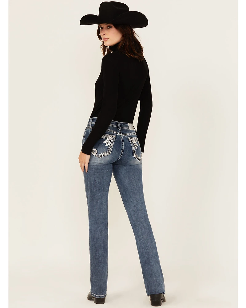 Grace LA Women's Medium Wash Geo Print Embroidered Mid Rise Bootcut Stretch Denim Jeans