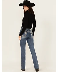 Grace LA Women's Medium Wash Geo Print Embroidered Mid Rise Bootcut Stretch Denim Jeans