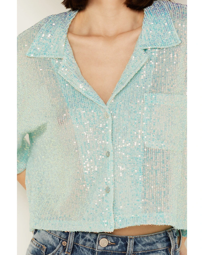 POL Women's Sequin Button Up Top