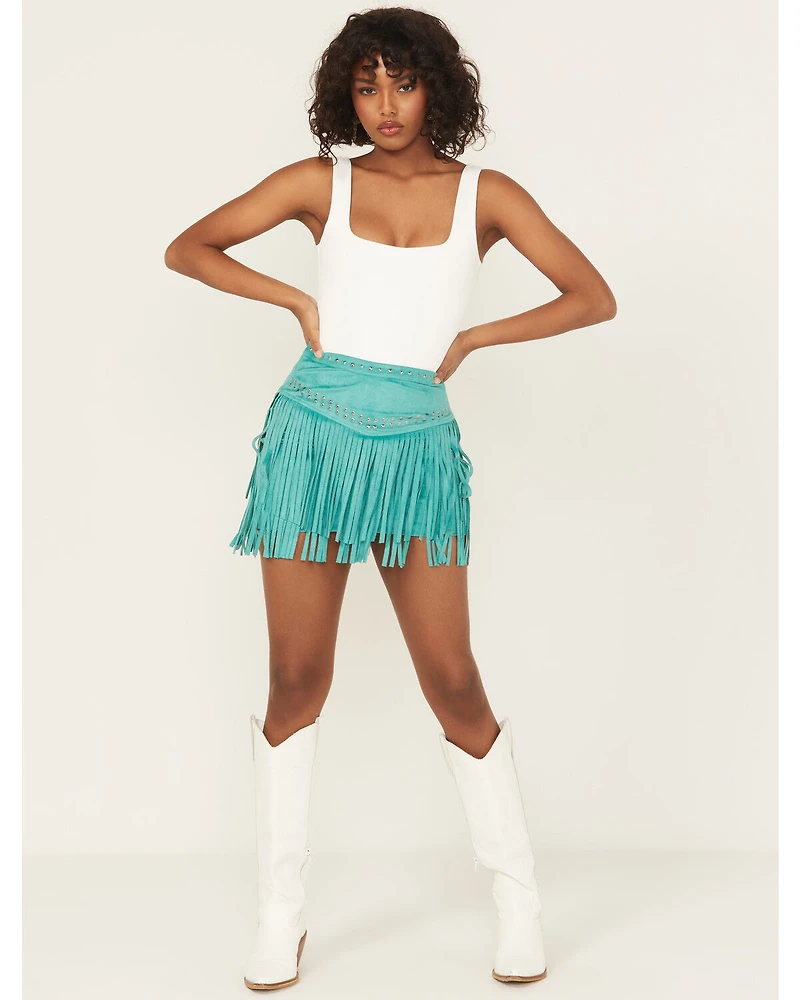 Rock & Roll Denim Women's Fringe Studded Faux Suede Mini Skirt