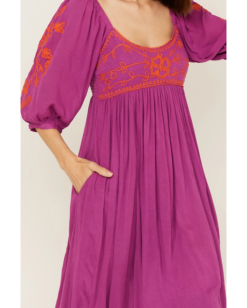 Free People Women's Wedgewood Embroidered Long Puff Sleeve Midi Dress