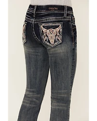 Grace LA Girls' Dark Wash Steerhead Embroidered Pocket Bootcut Stretch Denim Jeans