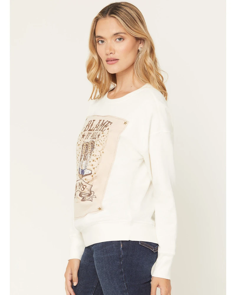 Blended Women's Boots Embellished Graphic Crewneck Sweatshirt
