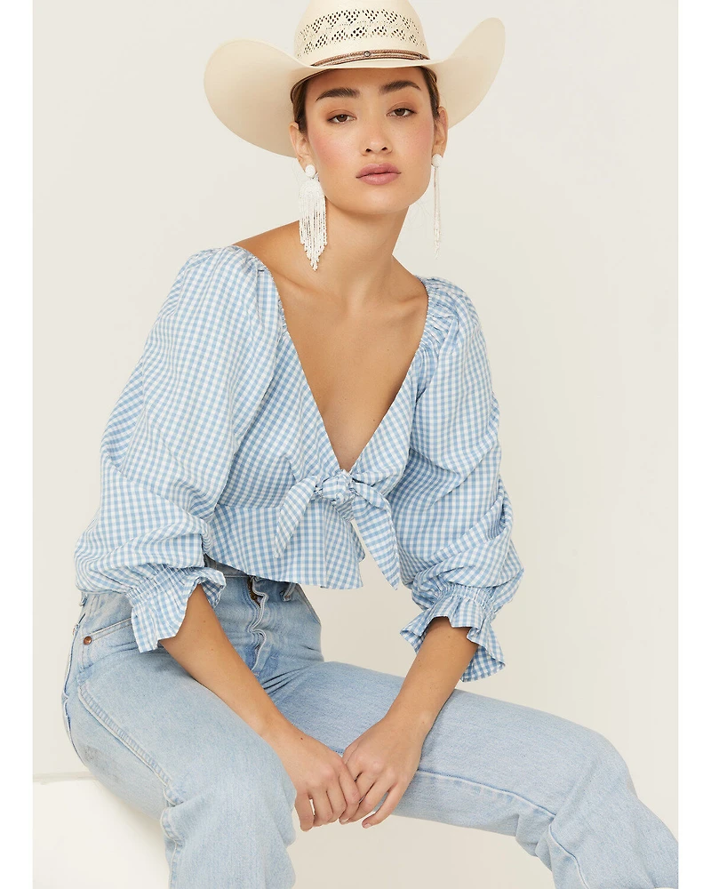 Beyond The Radar Women's Gingham Tie Front Crop Blouse