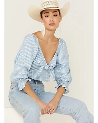 Beyond The Radar Women's Gingham Tie Front Crop Blouse
