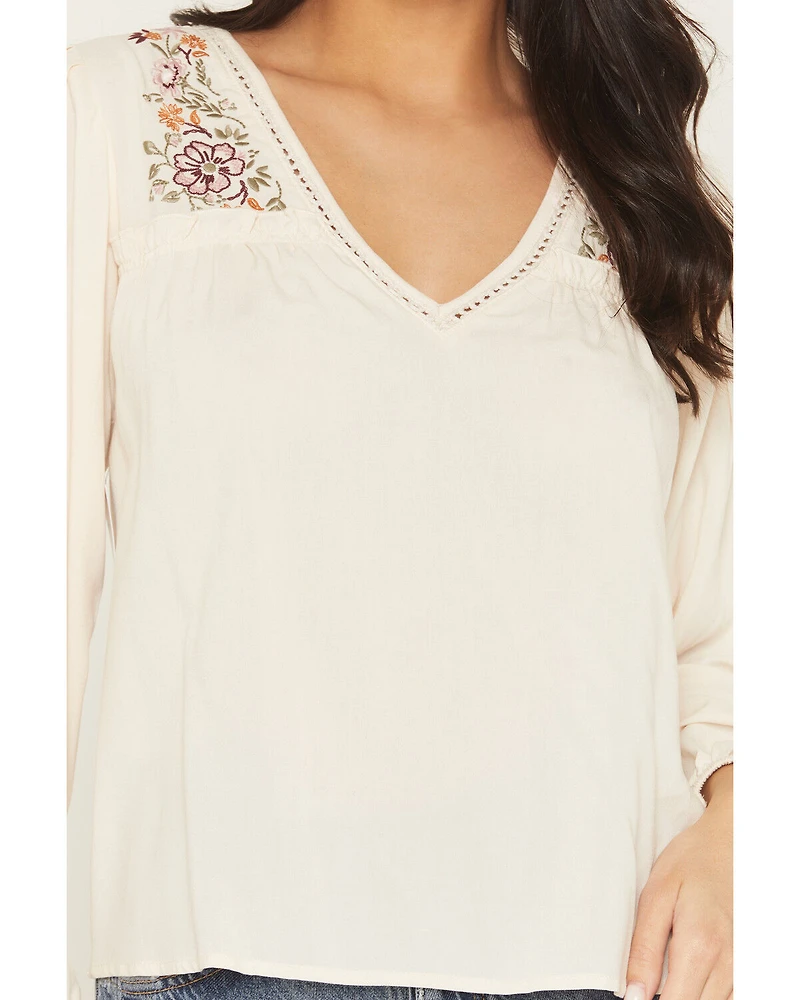 Eyeshadow Women's Long Sleeve Embroidered Peasant Top