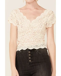 Shyanne Women's Ivory Lace Short Sleeve Crop Top