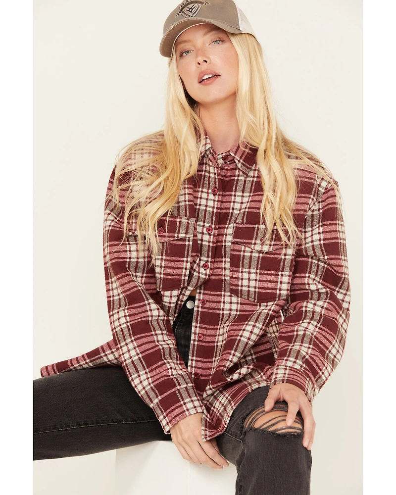 Cleo + Wolf Women's Plaid Print Long Sleeve Button-Down Oversized Shacket