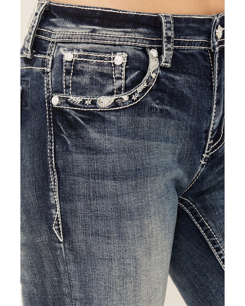 Grace LA Women's Fleur De Lis Embroidered Pocket Bootcut Stretch Denim Jeans