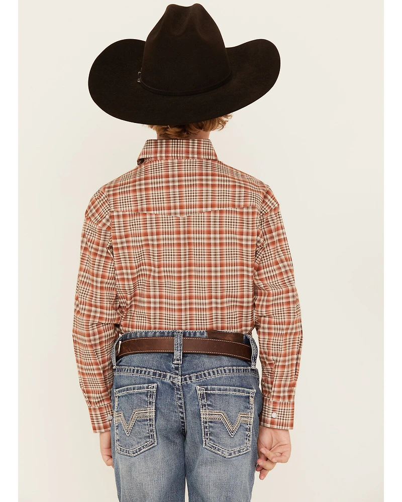 Rough Stock by Panhandle Boys' Plaid Print Long Sleeve Pearl Snap Stretch Western Shirt