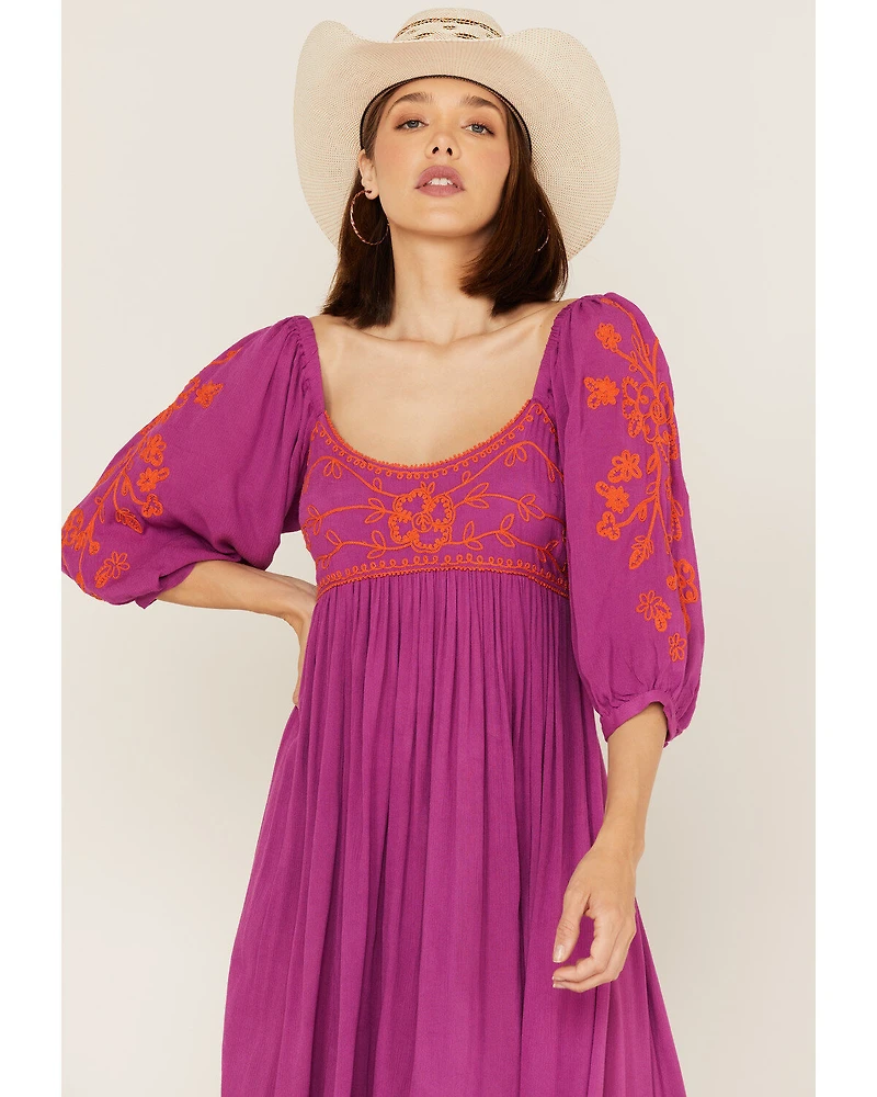 Free People Women's Wedgewood Embroidered Long Puff Sleeve Midi Dress