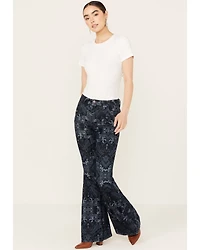 Shyanne Women's Dark Wash High Rise Printed Stretch Flare Jeans