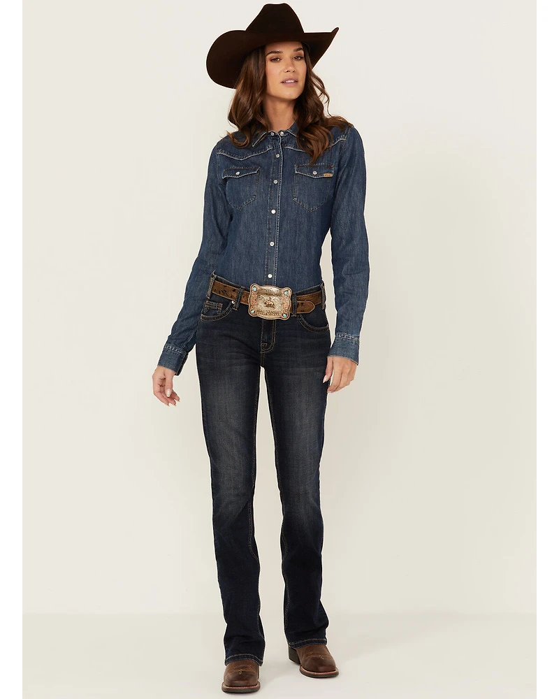 Rock & Roll Denim Women's Dark Wash Mid Rise Embroidered Riding Stretch Jeans