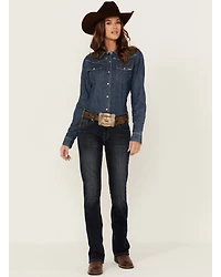 Rock & Roll Denim Women's Dark Wash Mid Rise Embroidered Riding Stretch Jeans