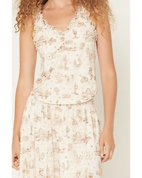 Shyanne Women's Western Conversation Print Lace Sleeveless Ruffle Tank Top