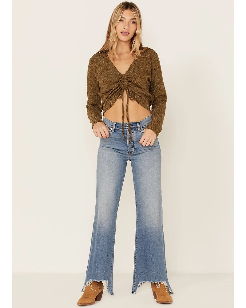 Wild Moss Women's Olive Ribbed Lurex Cinch Front Knit Top