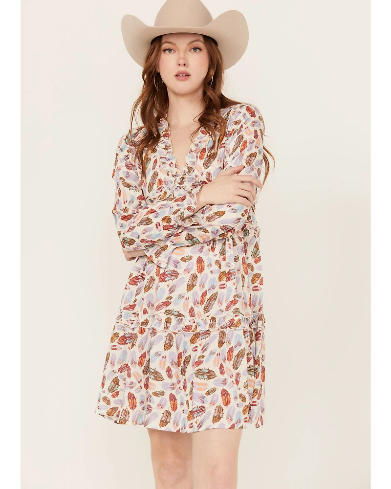 Roper Women's Feather Print Long Sleeve Mini Dress