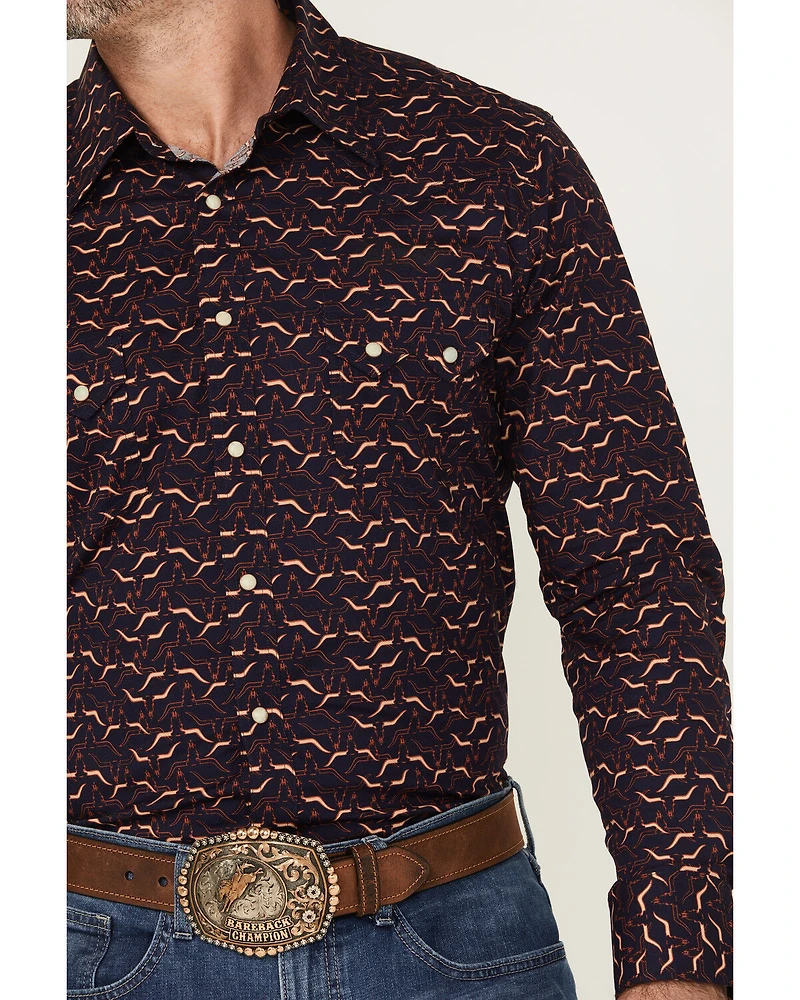 Rock & Roll Denim Men's Longhorn Print Long Sleeve Snap Stretch Western Shirt