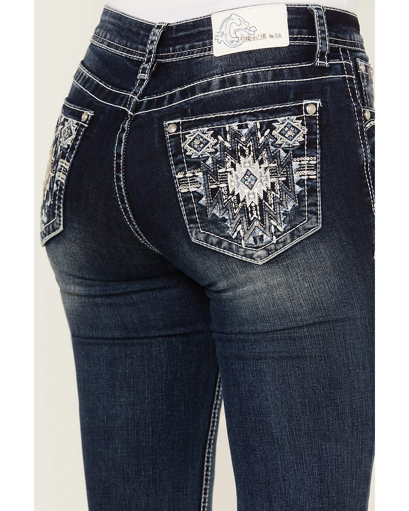 Grace LA Women's Dark Wash Sequin Pocket Mid Rise Bootcut Stretch Denim Jeans