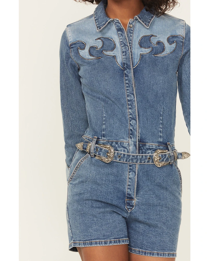 Rock & Roll Denim Women's Medium Wash Long Sleeve Snap Stretch Romper