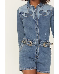 Rock & Roll Denim Women's Medium Wash Long Sleeve Snap Stretch Romper