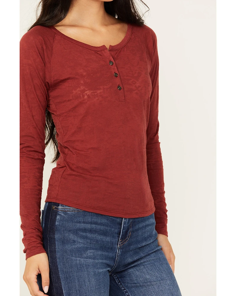 Shyanne Women's Long Sleeve Southwest Burnout Print Henley Shirt