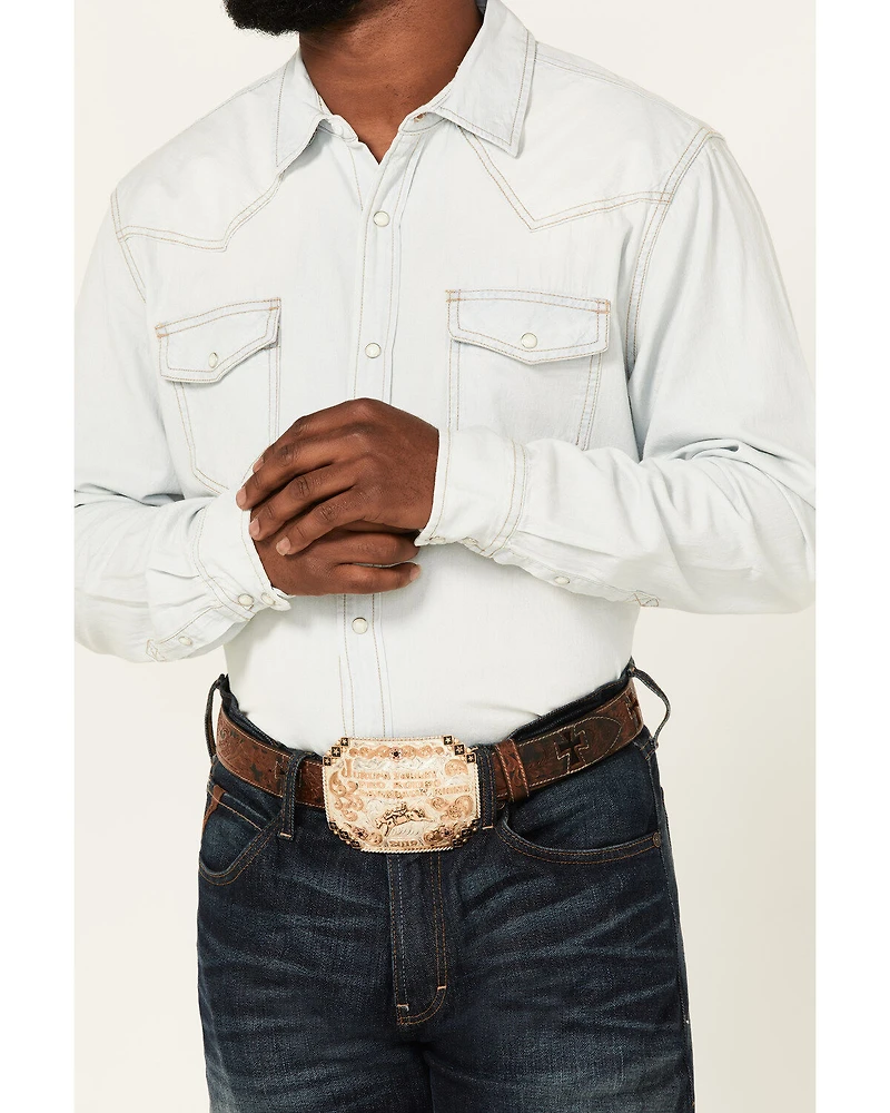 Cody James Men's Fort Summer Light Wash Long Sleeve Pearl Snap Western Denim Shirt