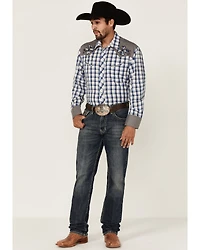 Roper Men's Checkered Embroidered Plaid Print Long Sleeve Pearl Snap Western Shirt