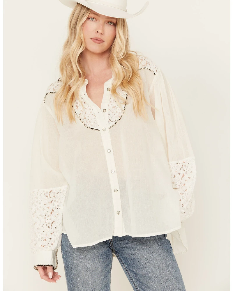 POL Women's Lace Yoke Long Sleeve Button Down Shirt