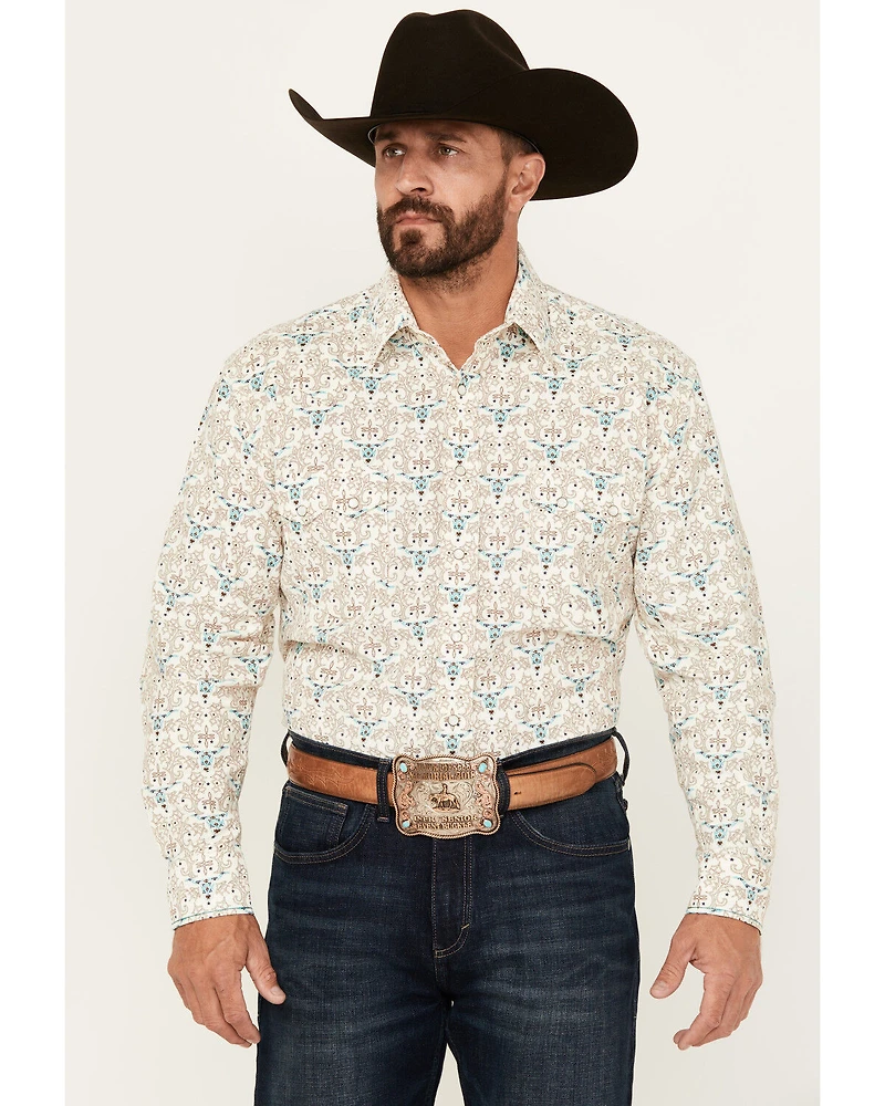 Rough Stock by Panhandle Men's Steer Head Print Long Sleeve Pearl Snap Western Shirt