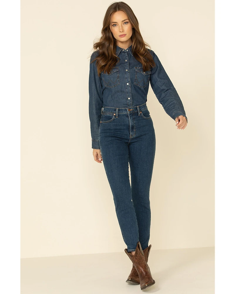 Wrangler Women's Dark Wash Long Sleeve Pearl Snap Denim Western Shirt