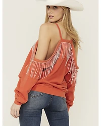 Blue B Women's Rhinestone Fringe Cold Shoulder Sweatshirt